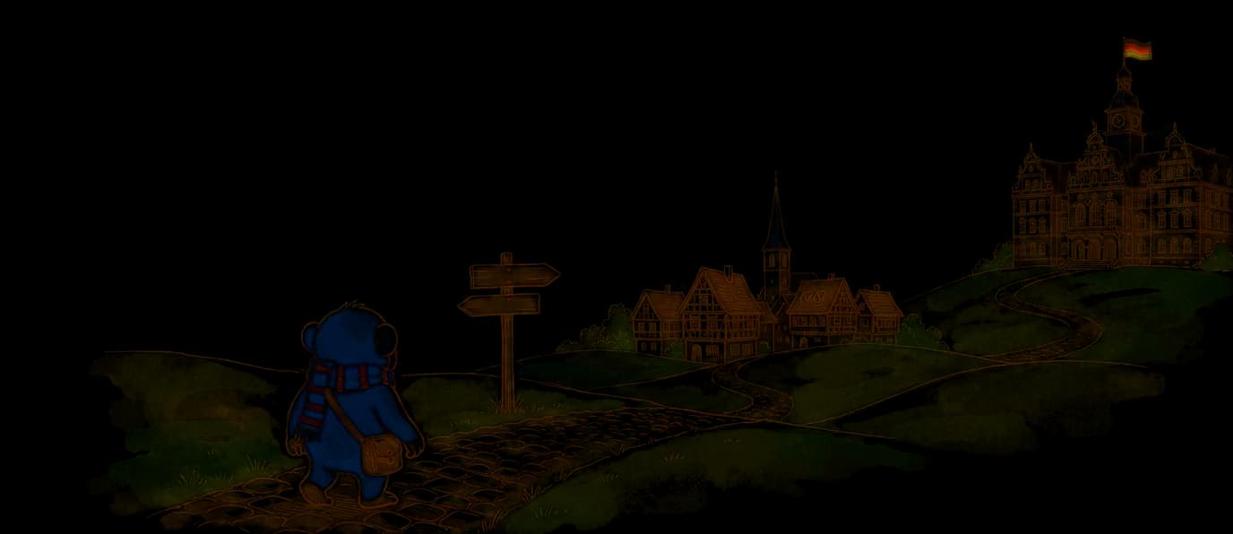 A painted journey: the student monkey sets off past a signpost, through an old German town, toward the university on the hill flying the German flag