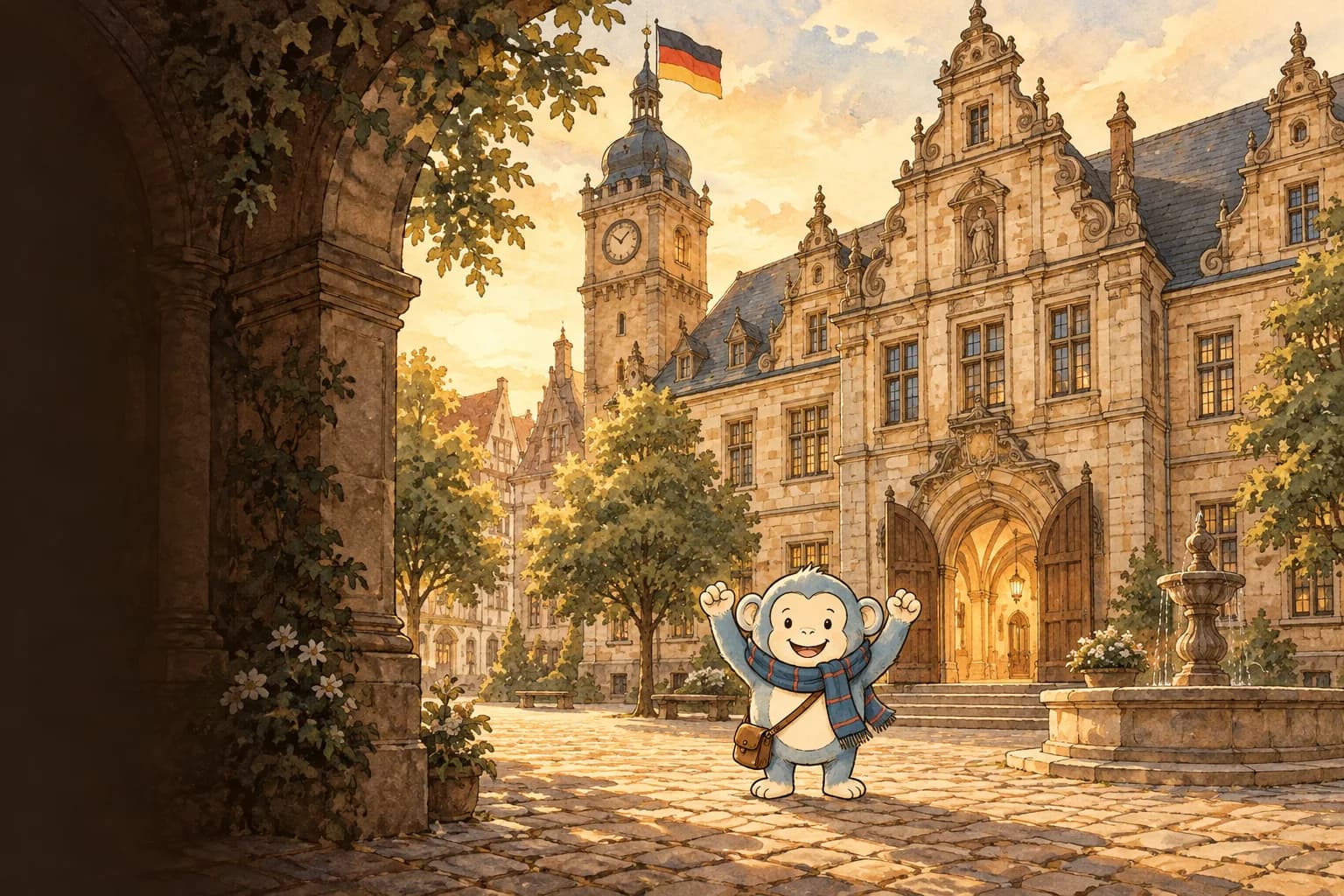 A sunlit old German university square with a German flag, where the Student Monkey cheers with both arms raised.