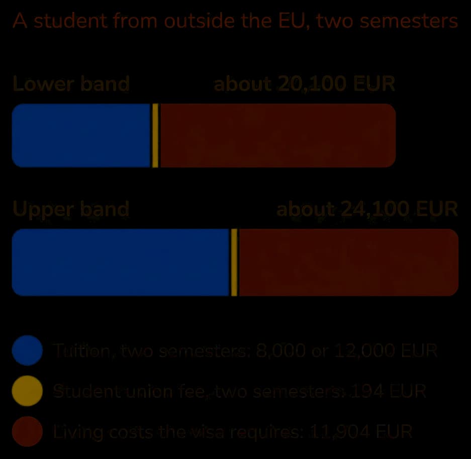 Stacked bar chart of the first year at TUM for a student from outside the EU, two semesters. The lower band totals about 20,100 EUR and the upper band about 24,100 EUR. Each is made of tuition for two semesters at 8,000 or 12,000 EUR, the student union fee for two semesters at 194 EUR, and the living costs the visa requires at 11,904 EUR.