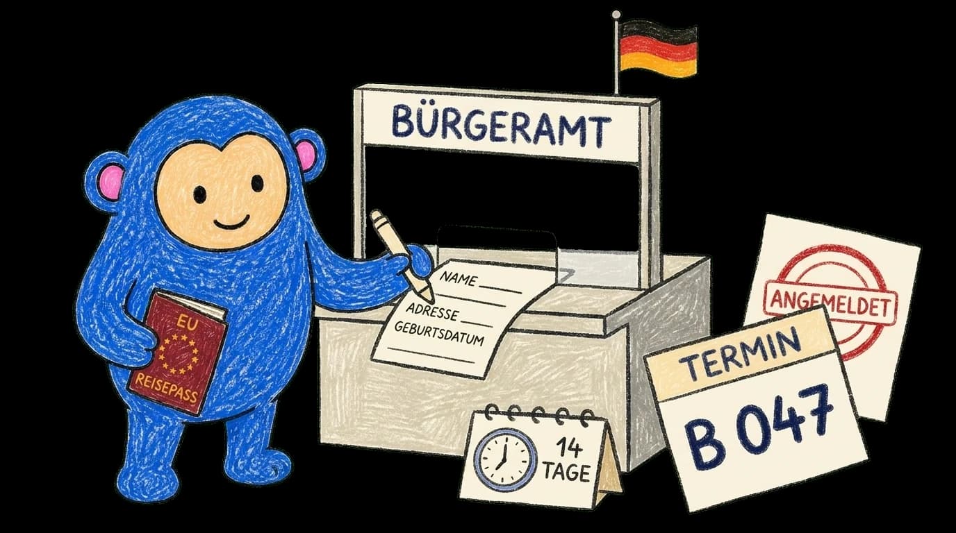 Crayon Monkey at a Bürgeramt counter filling out the Anmeldung form, holding a passport beside a Termin ticket and Angemeldet stamp