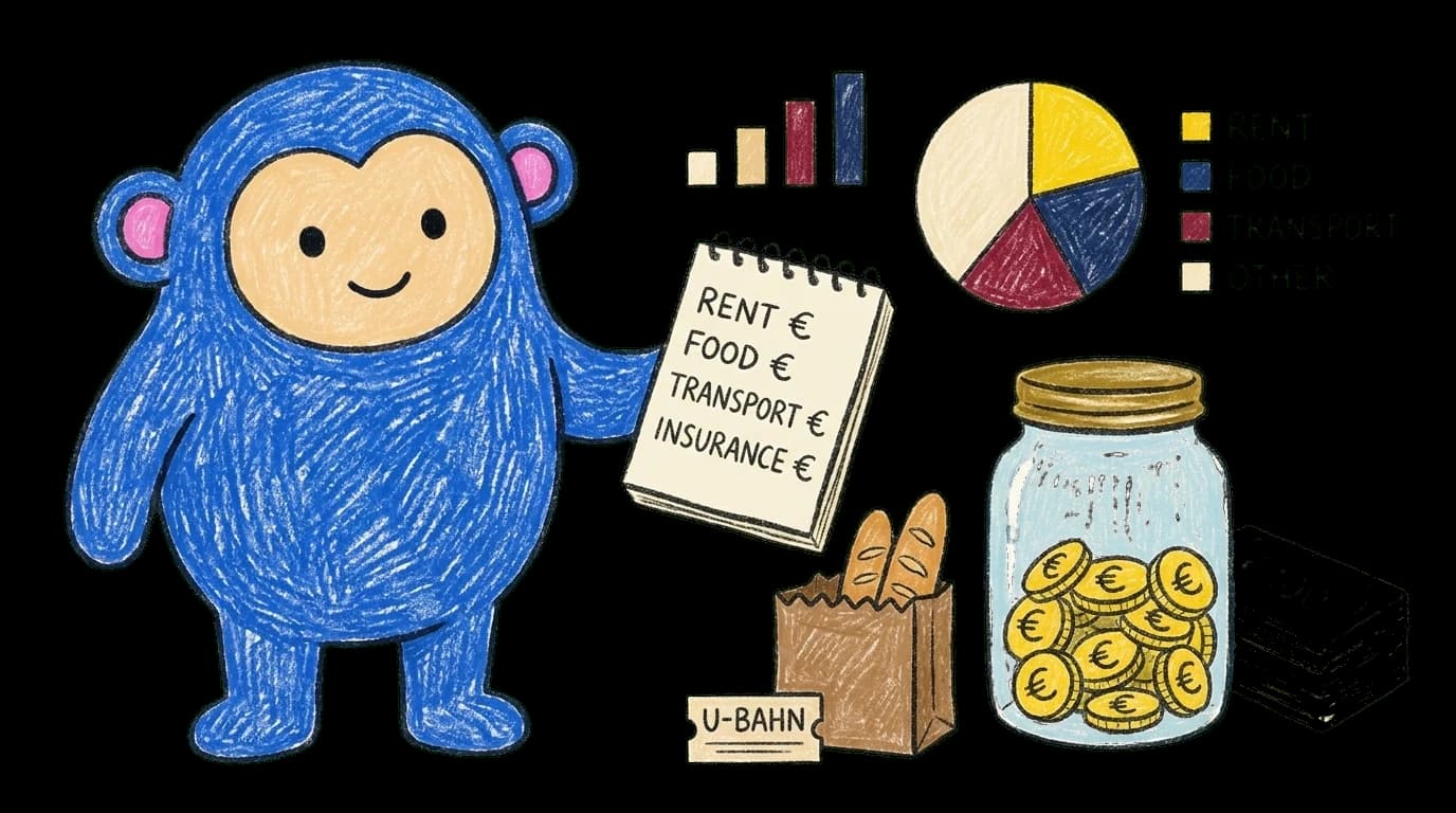 Crayon Monkey writing a monthly budget with a euro coin jar, pie chart of expenses, and a U-Bahn ticket
