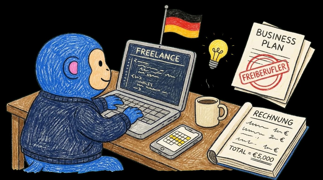 Crayon Monkey at a home-office desk with a laptop, Rechnung invoice book, business plan and Freiberufler stamp