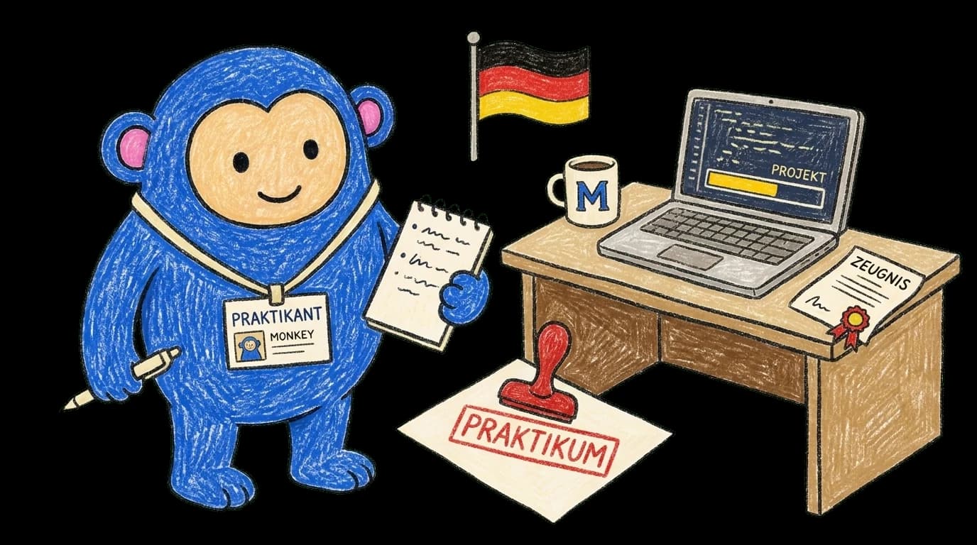 Crayon Monkey wearing a Praktikant intern badge at a desk with a laptop project and Praktikum stamp