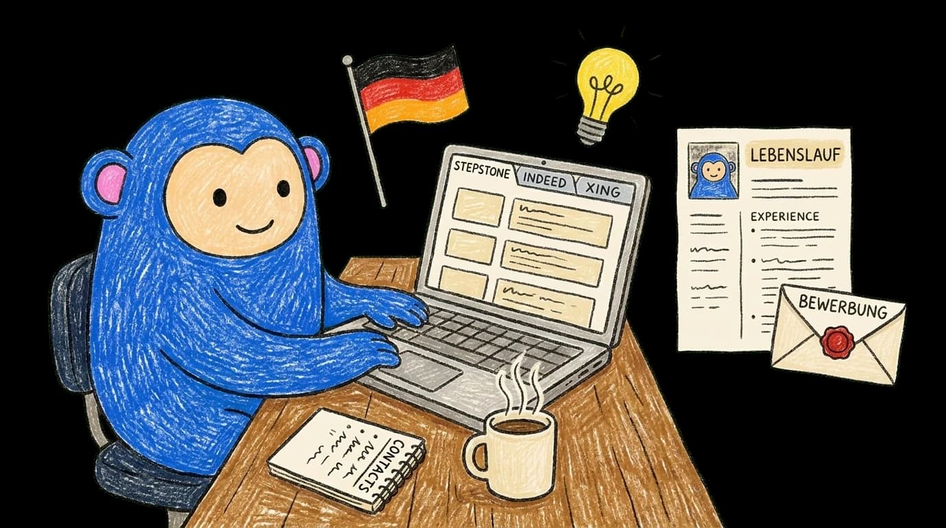 Crayon Monkey at a laptop with StepStone, Indeed and Xing tabs beside a German Lebenslauf CV