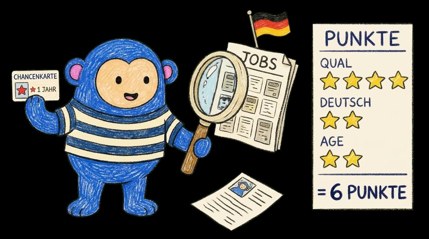 Crayon Monkey with a magnifier over German job ads holding a Chancenkarte beside a points scorecard
