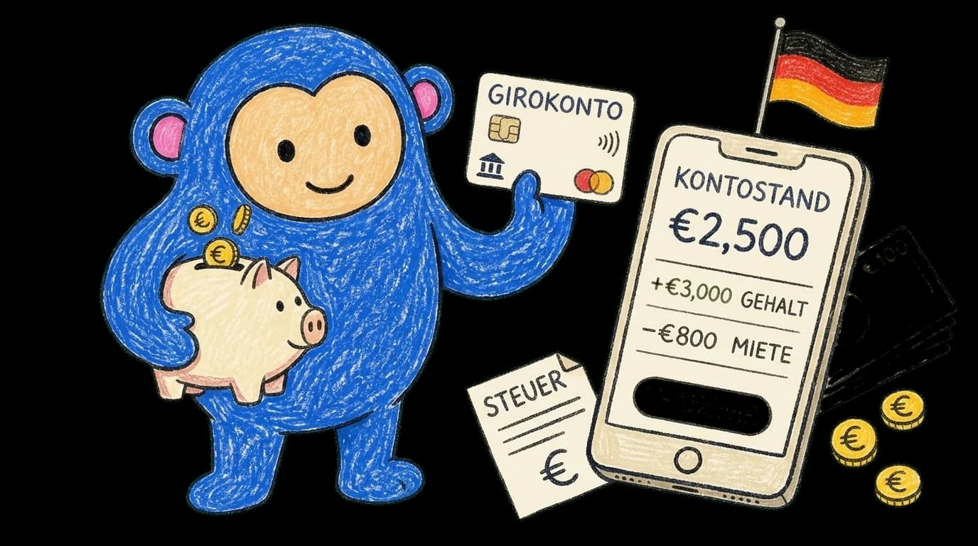 Crayon Monkey holding a Girokonto debit card and piggy bank beside a smartphone banking screen showing salary and rent transactions