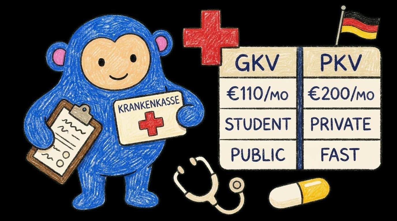 Crayon Monkey wearing a Krankenkasse insurance badge holding a clipboard beside a GKV vs PKV comparison table with stethoscope and pill