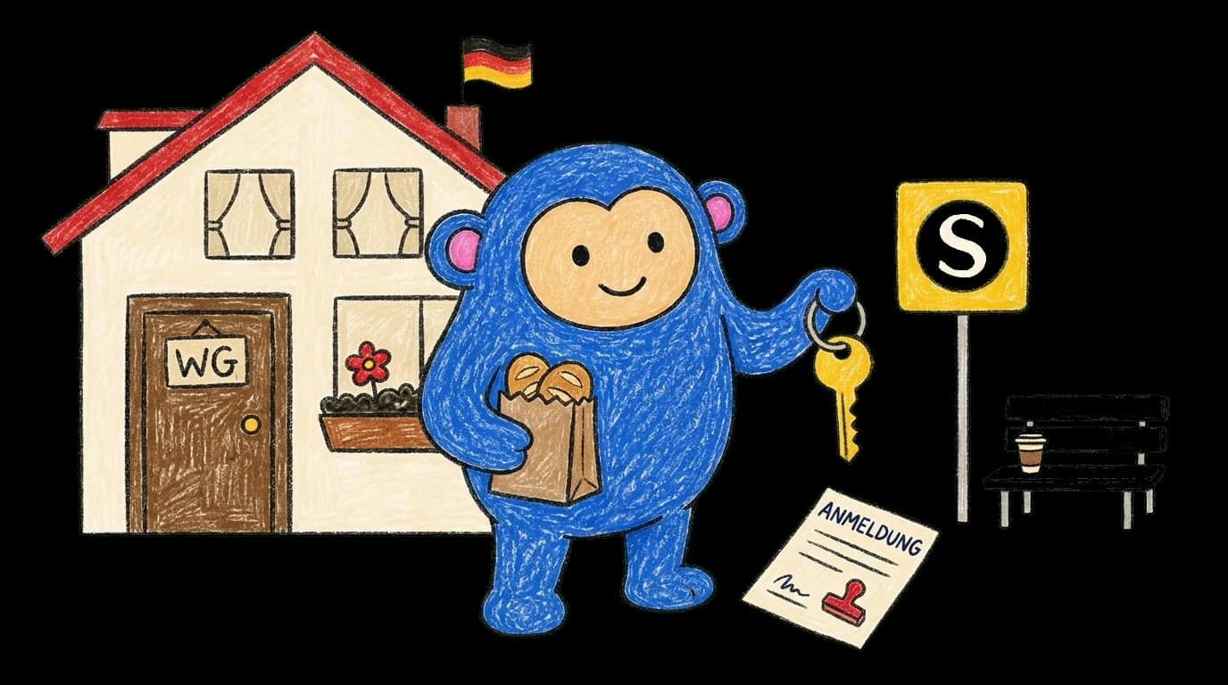 Crayon Monkey holding a key and Brötchen in front of a German apartment, S-Bahn sign nearby