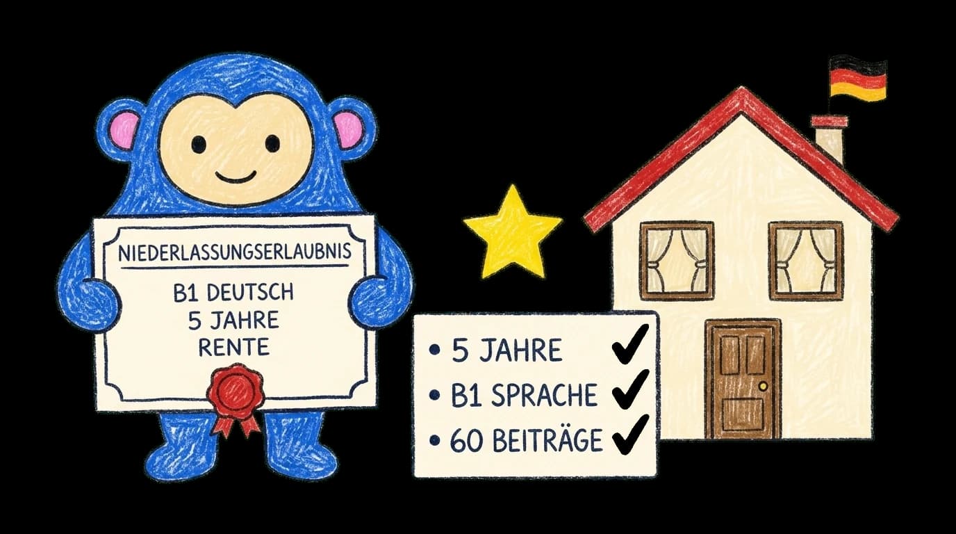 Crayon Monkey holding a Niederlassungserlaubnis certificate beside a German house with milestone checklist (5 years, B1, pension contributions)