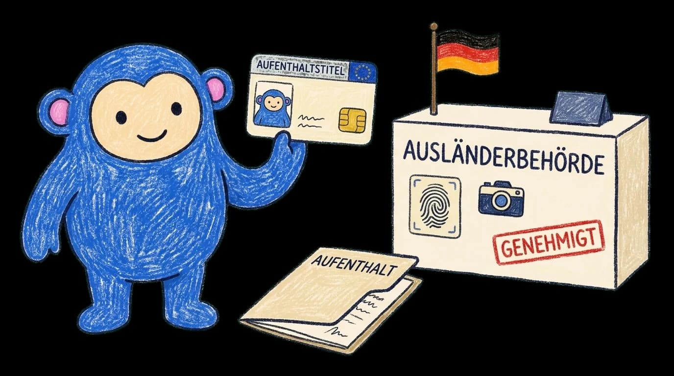 Crayon Monkey holding the eAT German Aufenthaltstitel residence permit card beside an Ausländerbehörde counter with biometric and stamp icons