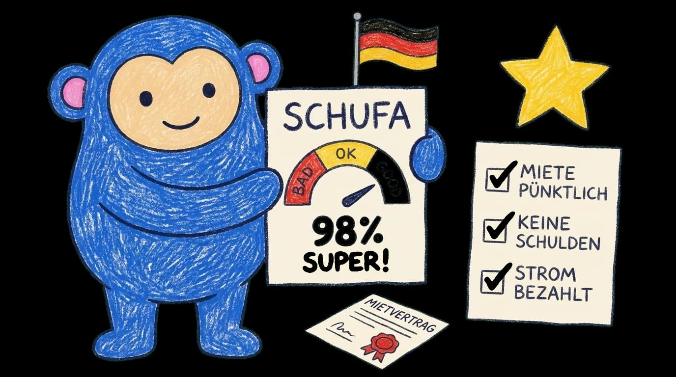 Crayon Monkey holding a Schufa report card with a green-zone speedometer at 98 percent beside a checklist of paid bills and an approved Mietvertrag