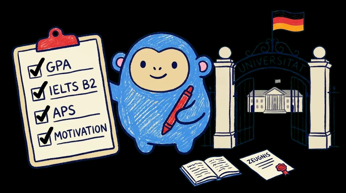 Crayon Monkey holding a checklist of GPA, IELTS, APS and Motivation in front of a university gate