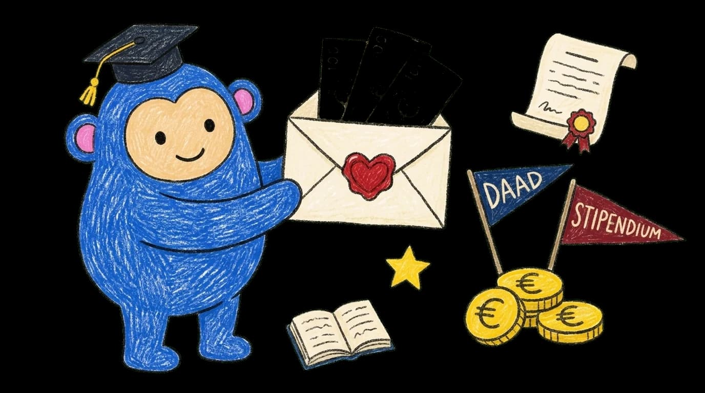 Crayon Monkey in graduation cap holding a scholarship envelope full of euros beside DAAD and Stipendium pennants