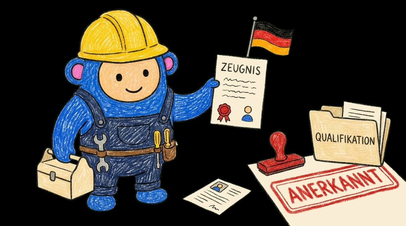 Crayon Monkey in hard hat with tool belt holding a Zeugnis qualification certificate stamped Anerkannt