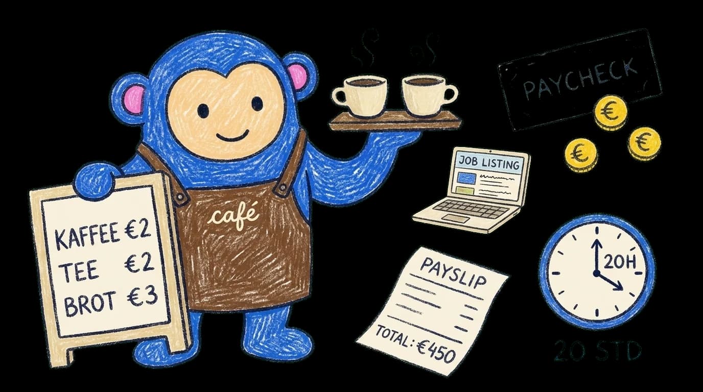 Crayon Monkey in a café apron carrying coffee cups beside a 20-hour clock and a student paycheck