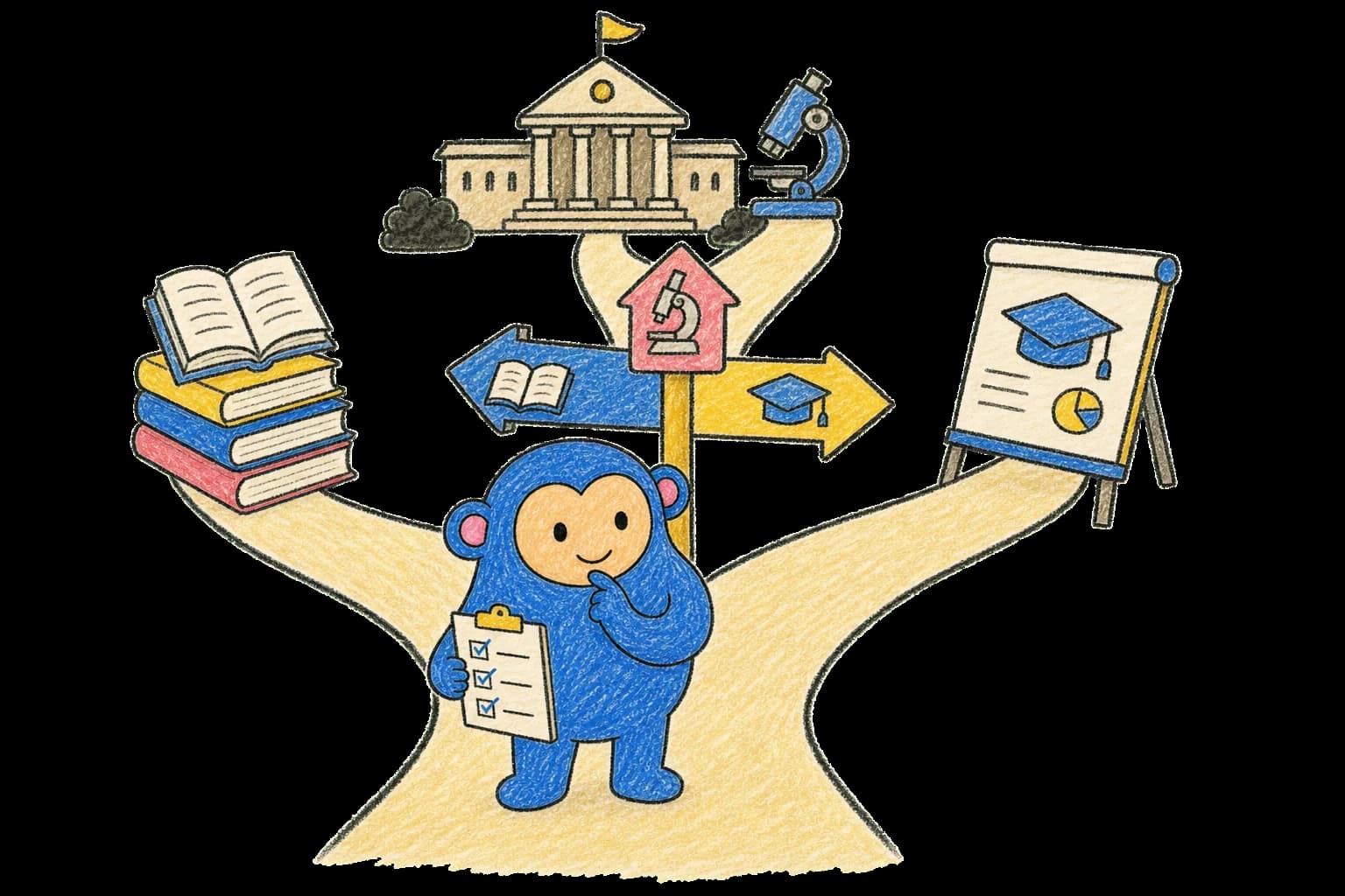Crayon Monkey at the heart of a Study-in-Germany journey, holding a diploma beside a university gate