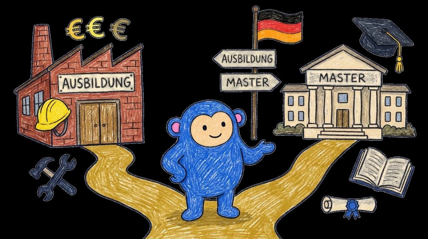Crayon Monkey at a fork in the road between an Ausbildung workshop and a Master's university, with a signpost pointing both ways