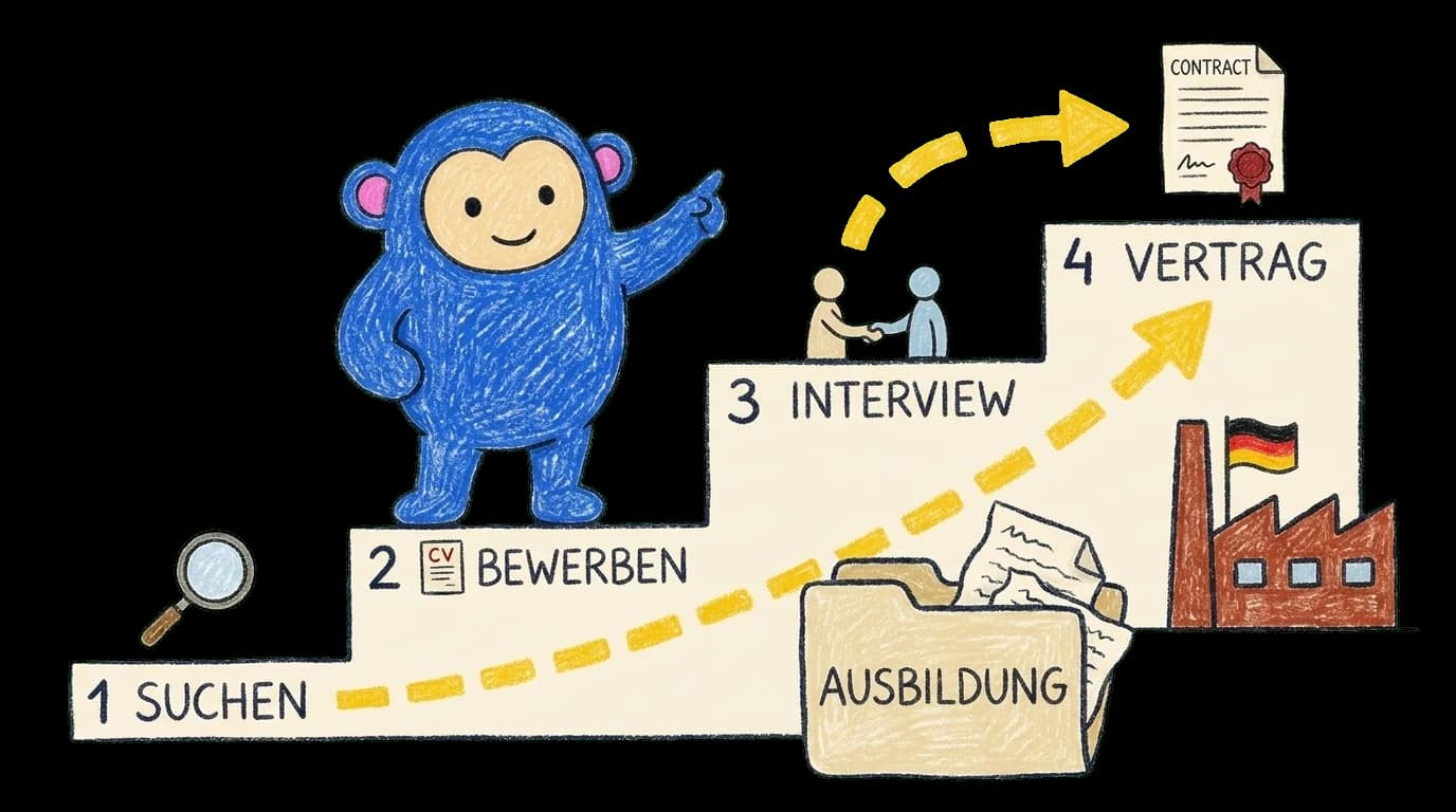Crayon Monkey at the base of a 4-step staircase (Suchen, Bewerben, Interview, Vertrag) leading to a German training company