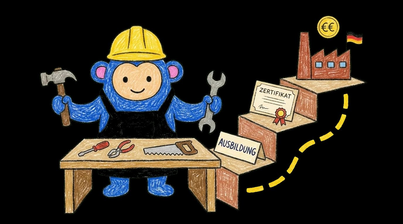 Crayon Monkey in apprentice gear at a workbench introducing the dual Ausbildung training system