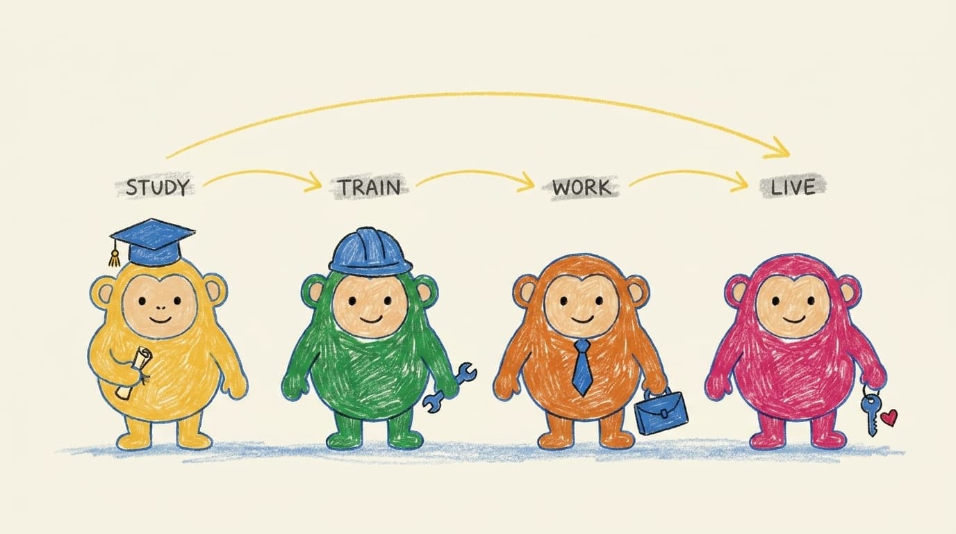 Four MSinGermany Monkeys, one for each pillar: Study (yellow, graduation cap), Train (green, wrench), Work (orange, briefcase), Live (pink, house key)