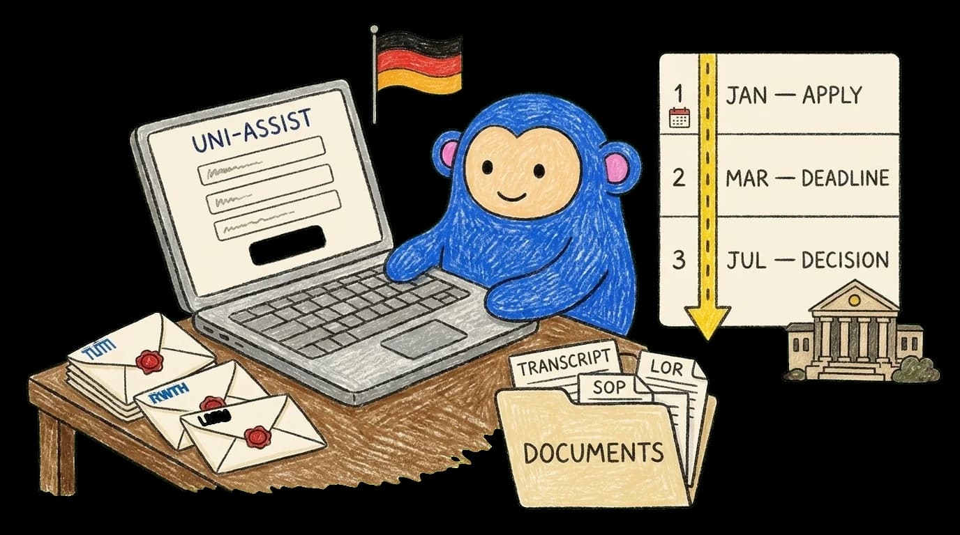 Crayon Monkey at a desk on the Uni-Assist portal with university envelopes, a documents folder, and a timeline