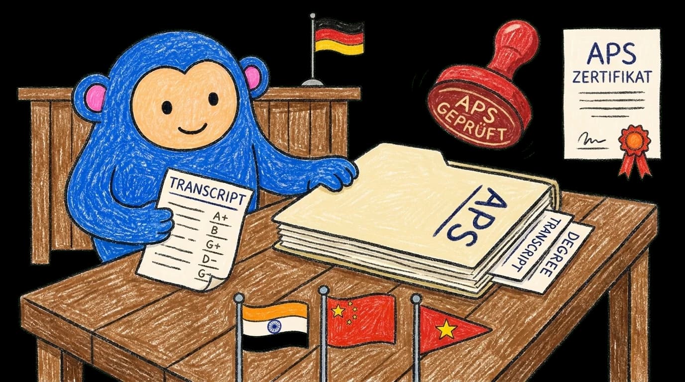 Crayon Monkey at an APS embassy desk with transcripts, an APS Geprüft stamp, and India/China/Vietnam flag pennants