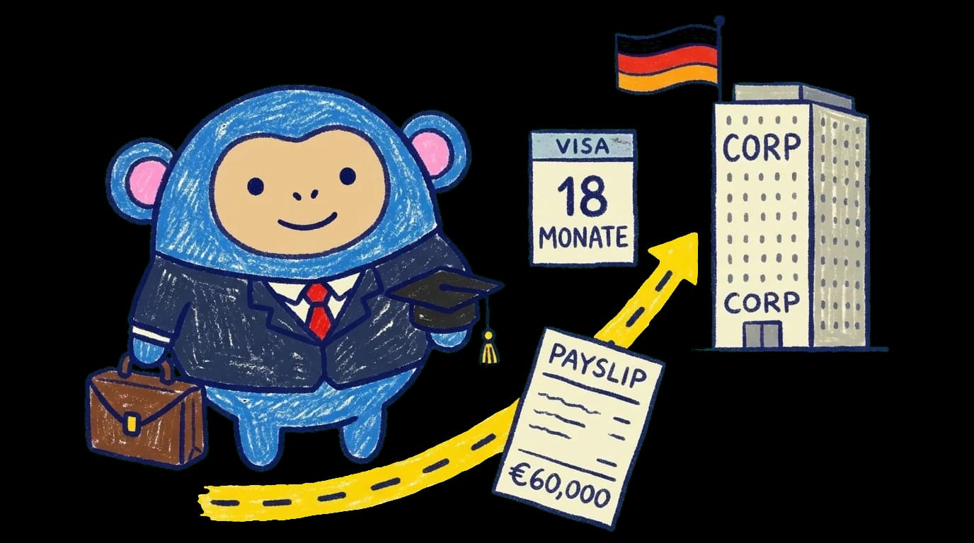 Crayon Monkey in business suit with briefcase walking toward a German office tower with an 18-month job seeker visa