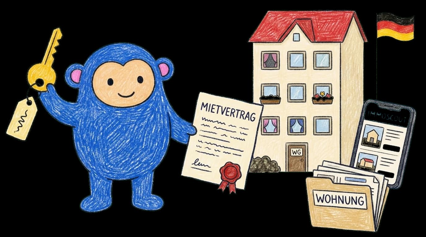 Crayon Monkey holding an apartment key and Mietvertrag lease in front of a German apartment building with WG sign