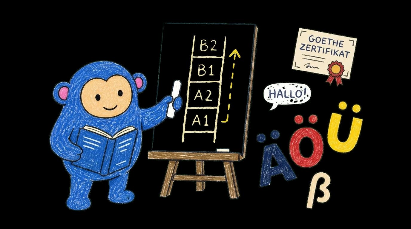 Crayon Monkey at a chalkboard pointing at the A1 to B2 ladder, surrounded by Ä Ö Ü umlauts and a Goethe certificate