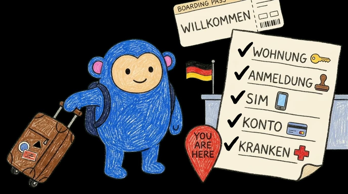 Crayon Monkey arriving in Germany with backpack and rolling suitcase beside a Willkommen boarding pass and first-steps checklist