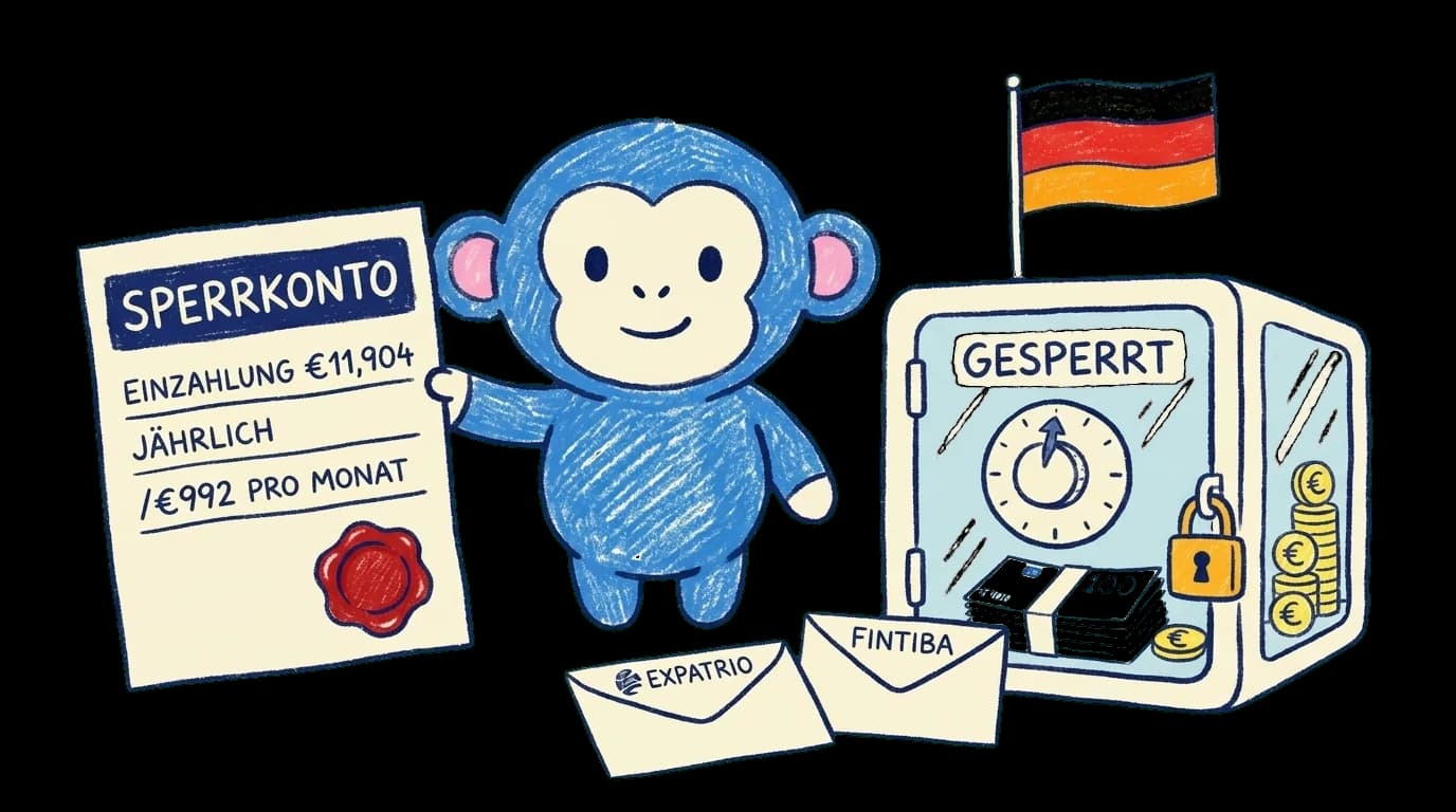 Crayon Monkey holding a Sperrkonto bank document beside a Gesperrt vault full of euros and Expatrio and Fintiba envelopes