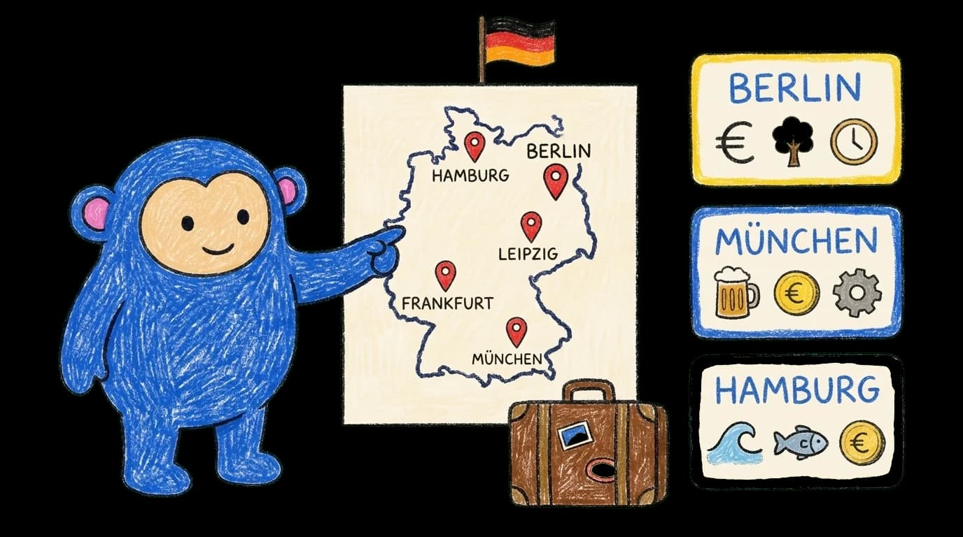 Crayon Monkey pointing at a hand-drawn map of Germany with city pins for Berlin, Hamburg, Munich, Frankfurt, Leipzig beside city comparison cards