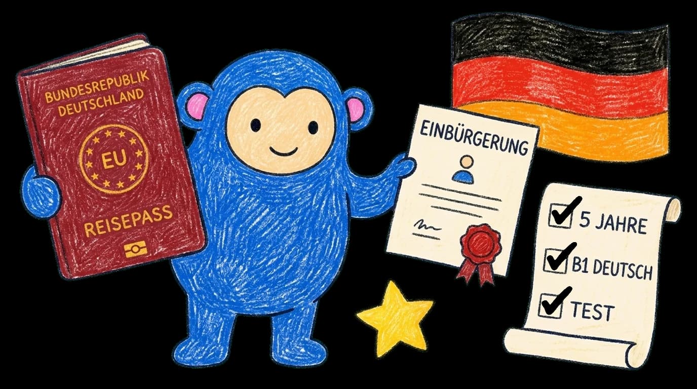 Crayon Monkey holding up a German Reisepass passport and Einbürgerung certificate beside a 5 Jahre, B1 Deutsch, Test milestone scroll