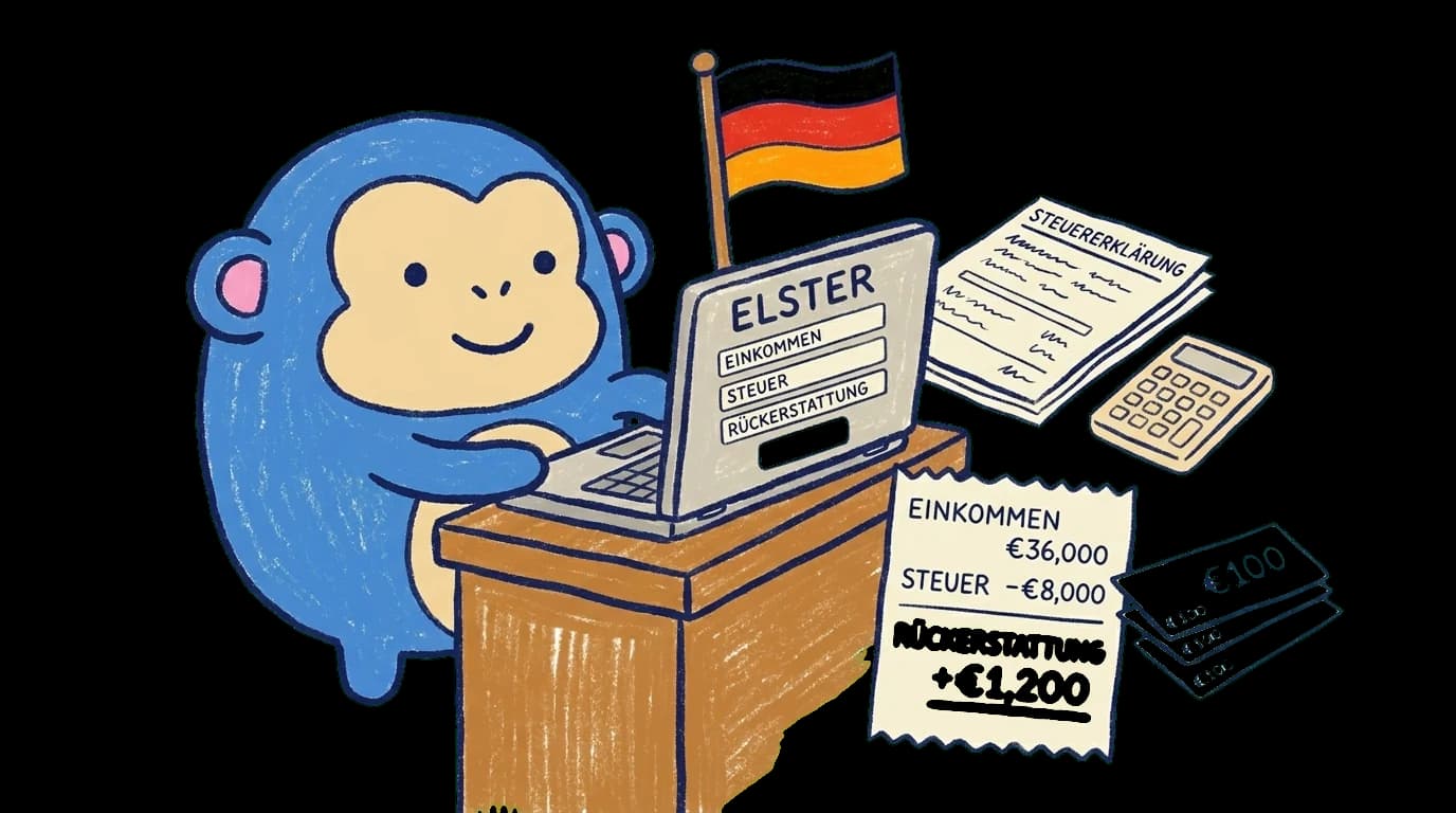 Crayon Monkey at a desk on the ELSTER tax portal with a Steuererklärung tax return paper and a refund slip showing Rückerstattung