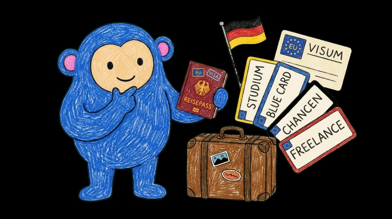 Crayon Monkey holding a German passport beside a fan of visa cards (Studium, Blue Card, Chancen, Freelance) and a leather suitcase