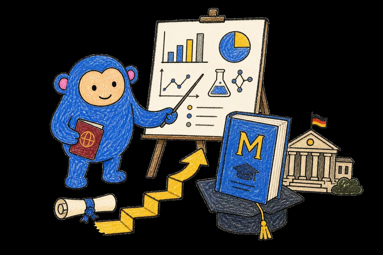 Crayon Monkey presenting a Master's thesis beside a higher-degree path and German university