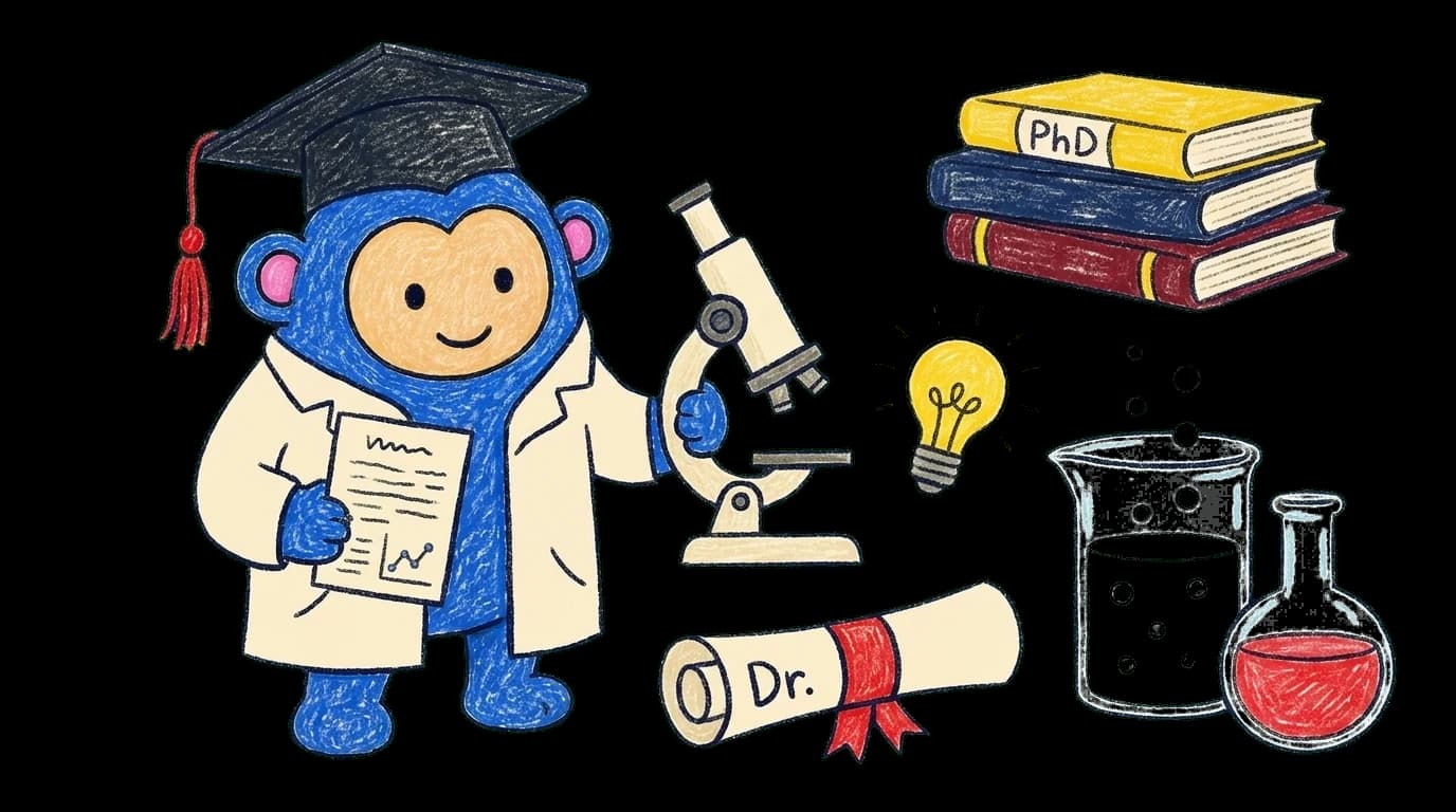 Crayon Monkey in lab coat and doctoral cap with microscope, beaker and PhD diploma