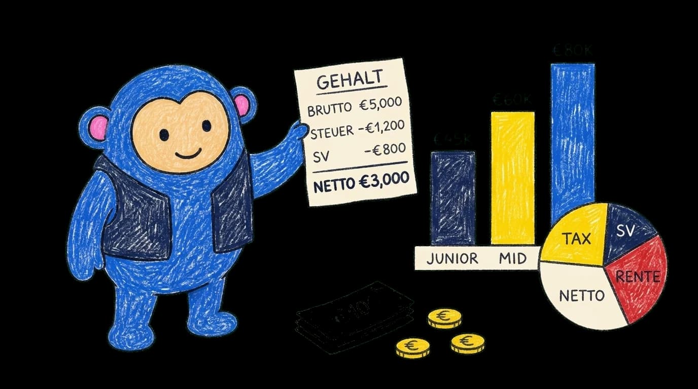 Crayon Monkey holding a German Gehalt payslip showing brutto and netto, with bar chart of junior to senior salaries