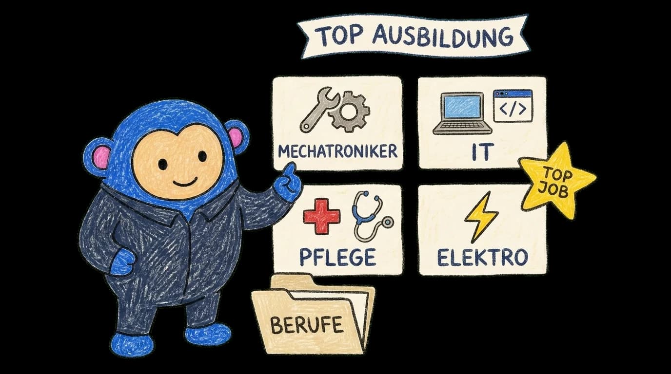 Crayon Monkey gesturing toward a 4-card grid of top Ausbildung professions (Mechatroniker, IT, Pflege, Elektro) under a Top Ausbildung banner