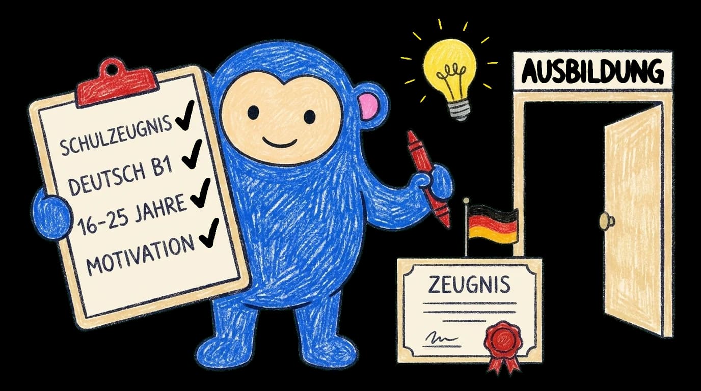 Crayon Monkey holding a clipboard checklist of Ausbildung requirements (Schulzeugnis, Deutsch B1, age, motivation) beside a workshop doorway