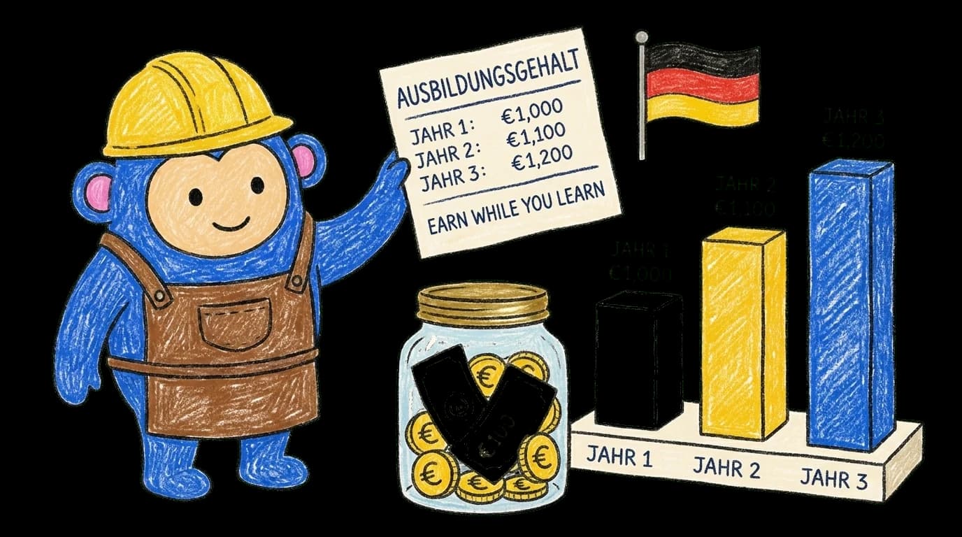 Crayon Monkey in hard hat and apron holding an Ausbildungsgehalt payslip showing year-by-year salary growth and a euro coin jar