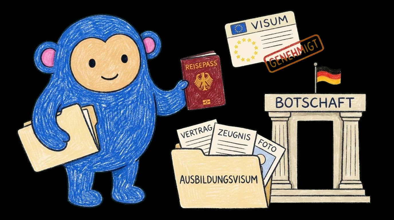 Crayon Monkey at a German embassy holding a passport and Ausbildungsvisum folder with contract, certificate and approved visa sticker