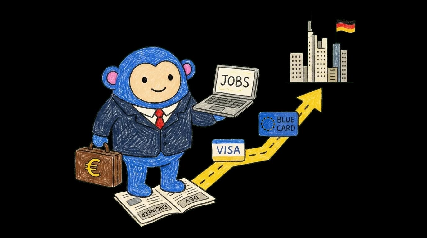 Crayon Monkey in business attire with laptop and briefcase ascending toward a Frankfurt-style office skyline