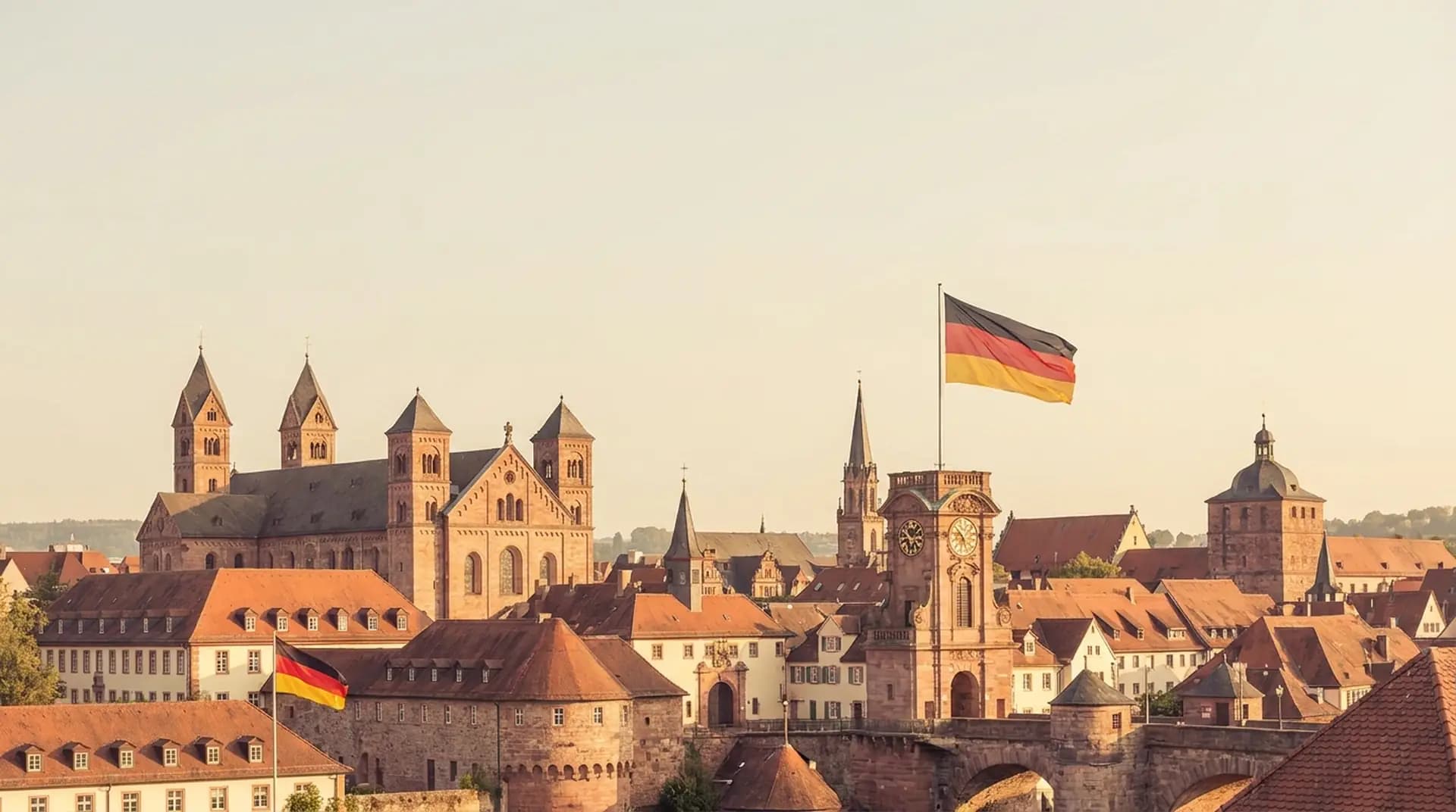 Old German university skyline with a German flag